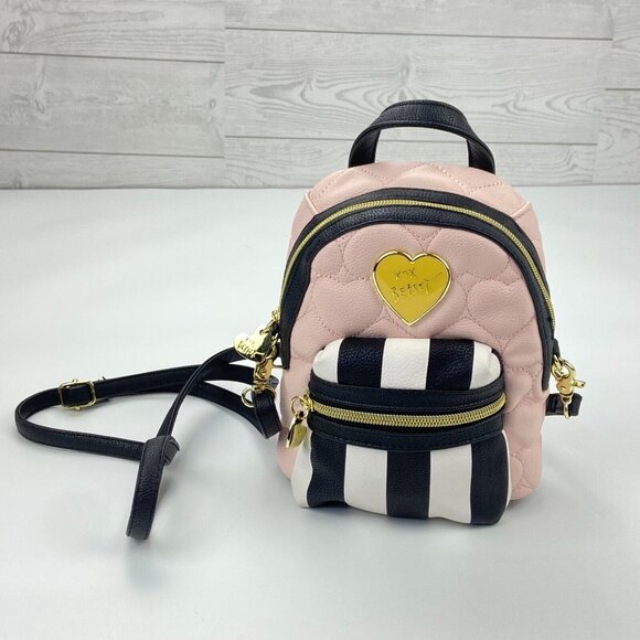 BETSEY JOHNSON Pink Black & White Striped Heart Backpack Shaped Crossbody Bag main image 5